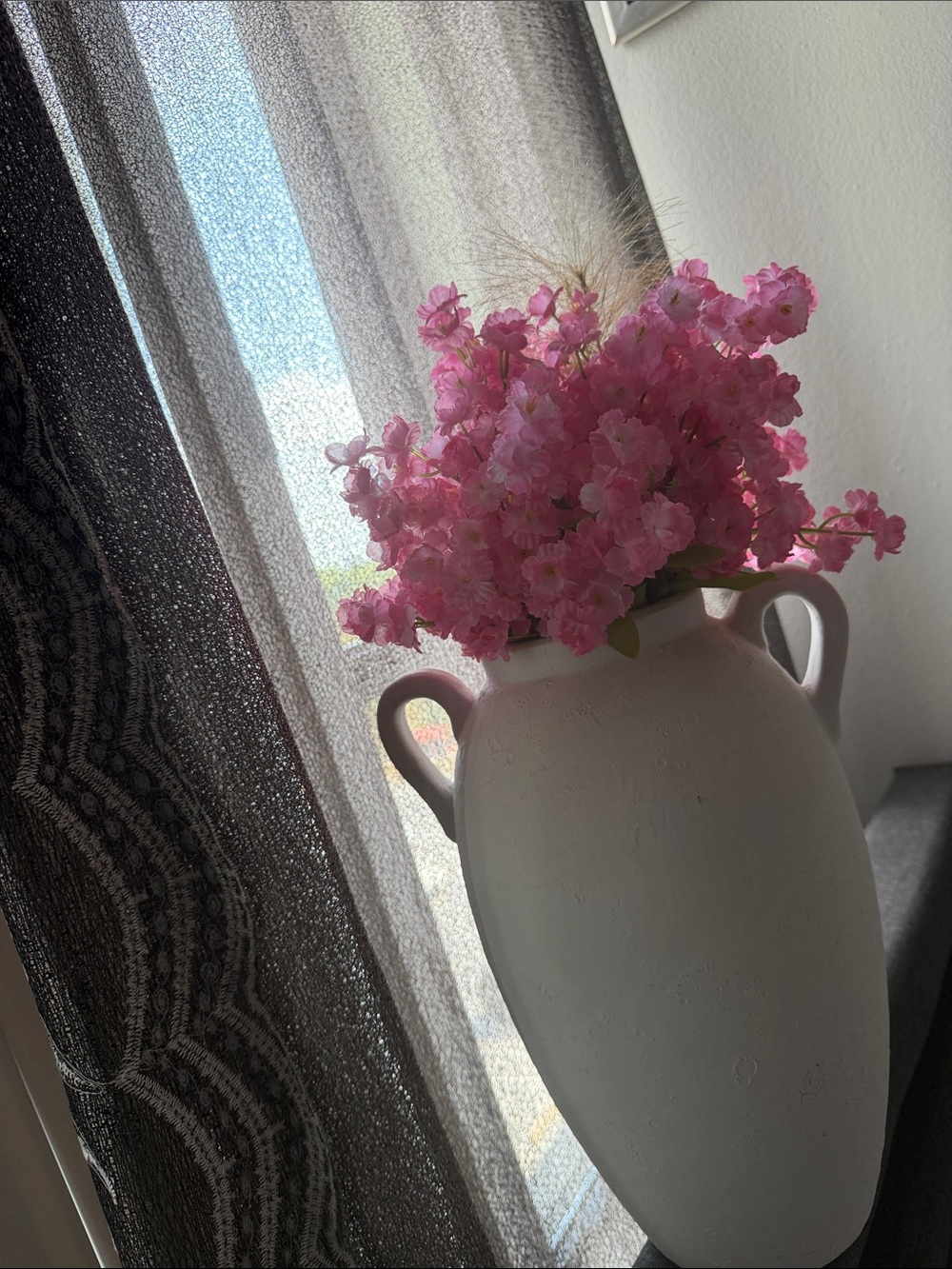 White Double-Handled Ceramic Vase with Pink Floral Accent